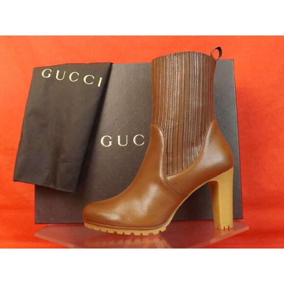 NIB GUCCI 323551 EDITH CUIR BROWN LUXOR LEATHER ELASTICIZED ANKLE BOOTS 39.5 - Picture 5 of 12